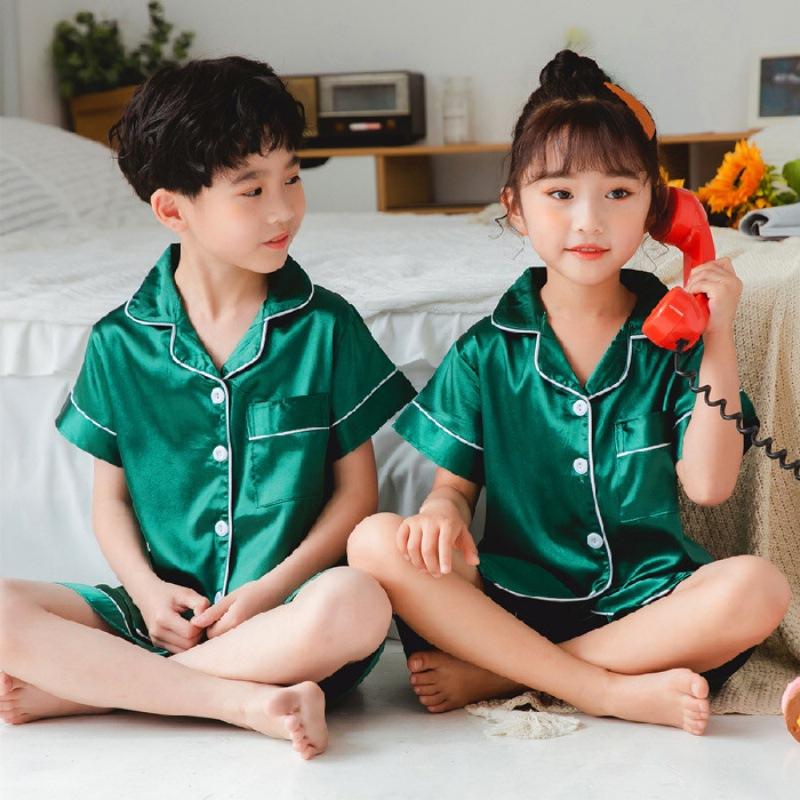 Barn Silk Satin Set Flickor Pojkar Enfärgad kostym Höst Barn Loungewear