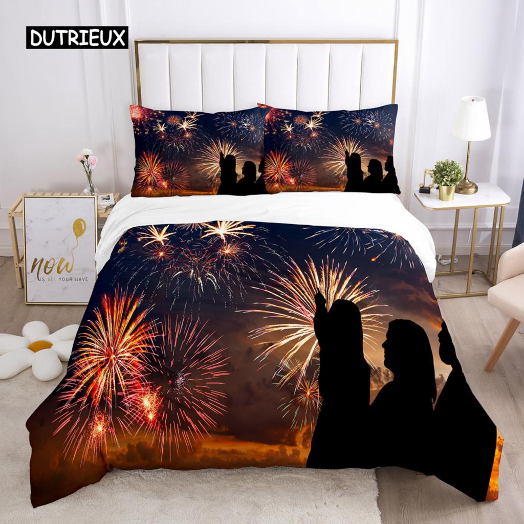 Firework Duvet Cover Set Queen Size Colourful Fires Bedding Set Microfiber Celebrate Merry Christmas Theme Soft Comforter Cover