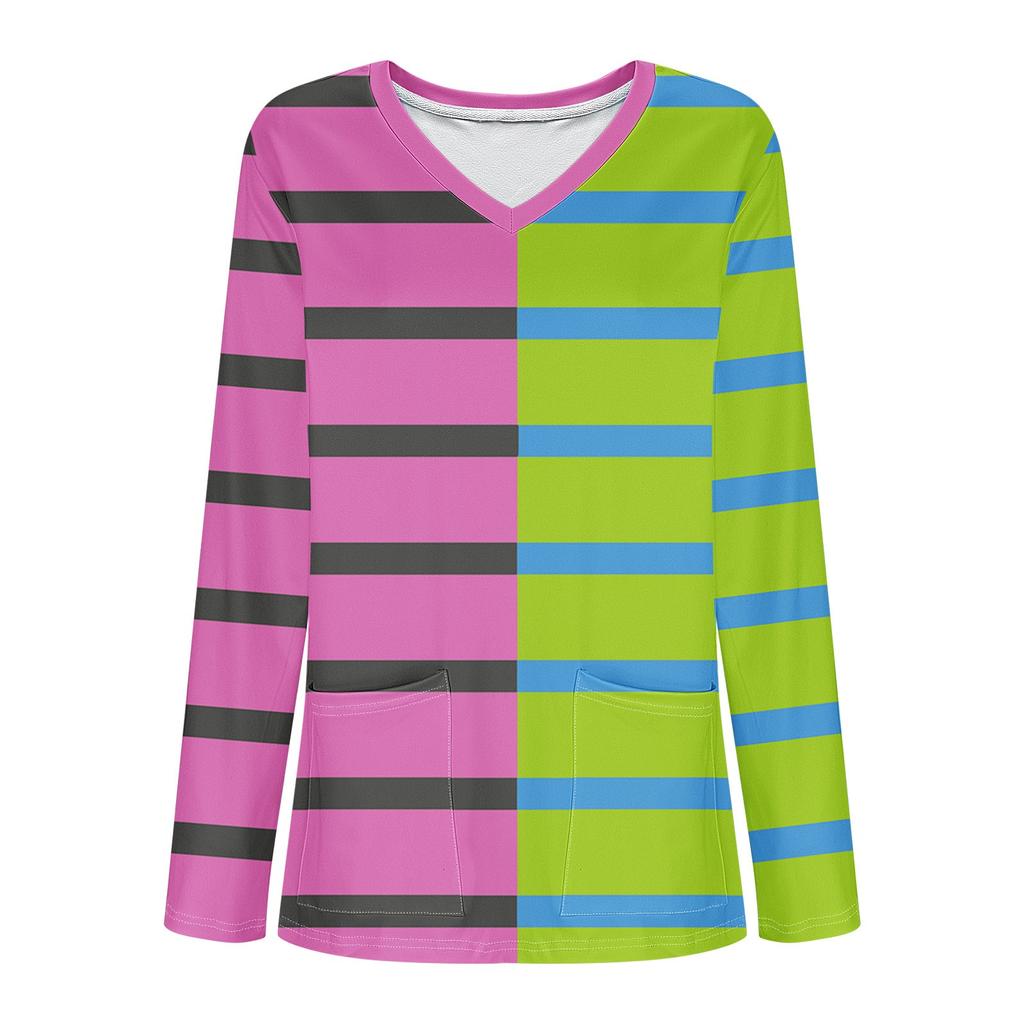 Women's Fashion V-Neck Long Sleeve Workwear With Pocket Striped Printed T-Shirt Top