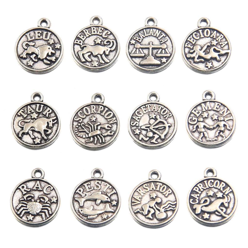 12x15mm Round Zodiac Constellation Pendant: Retro Symbol Alloy Jewelry for DIY Bracelets & Keychains