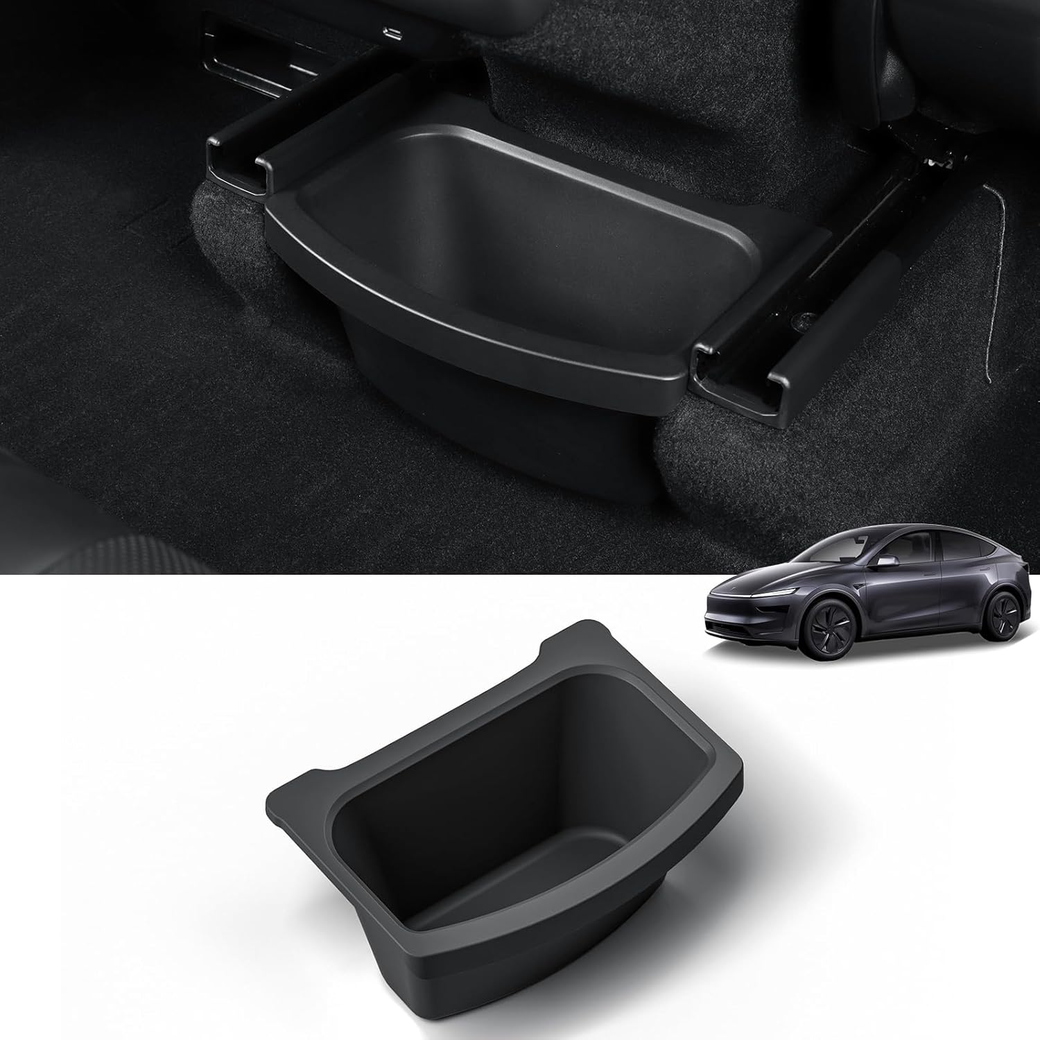 LUCKEASY Rear Center Console Floor Storage Box with Lid For Tesla Model Y Juniper 2025 2026 Storage Organizer Box with Lids Accessories TPE Black 1P Rear Center Floor Stor