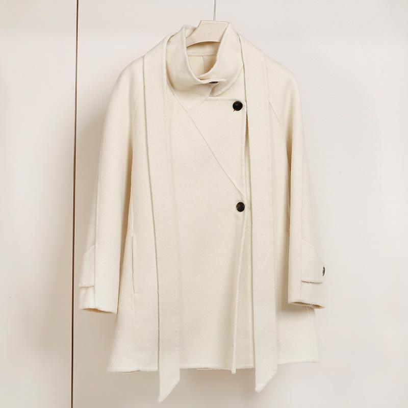 Autumn and Winter Small Wool Double-sided Woolen Coat Stand-up Collar Lace-up Waist Wool Woolen Coat Women