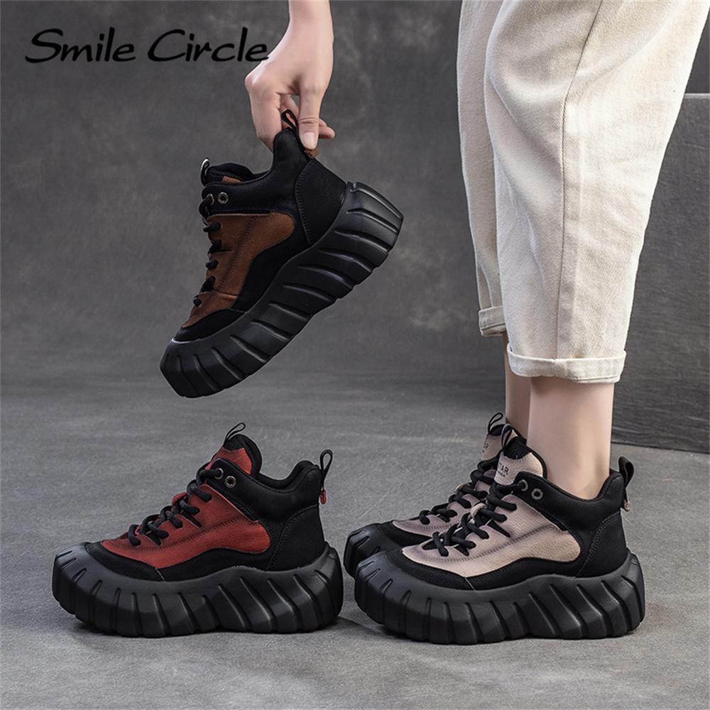 Damen Sneakers aus echtem Leder mit runder Spitze und dicker Unterseite, bequeme modische Freizeitschuhe