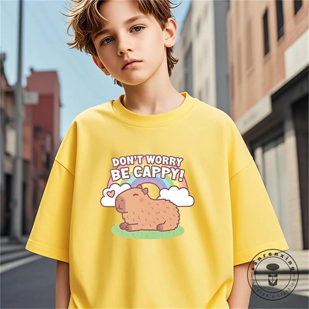 

Летняя Новая Модная Футболка с Милым Принтом Капибары для Детей, Милая Удобная Универсальная Футболка с Коротким Рукавом для Мальчиков и Девочек 6T(130cm)