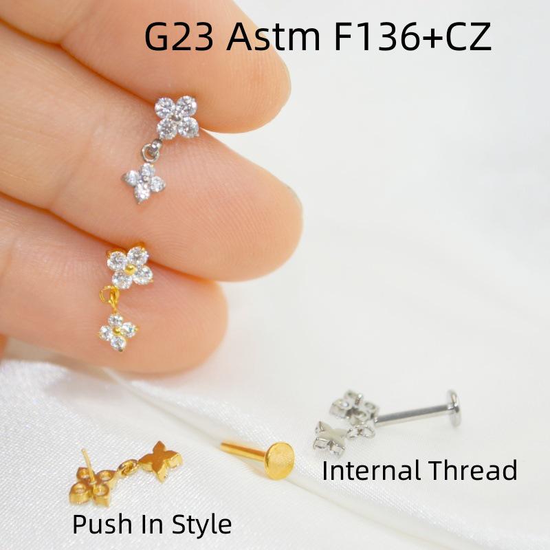 G23 Titanium Push-in Labret Stud with Zircon for Ear Cartilage Piercing