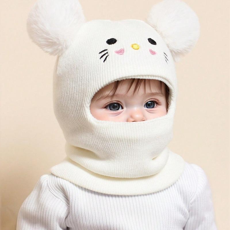 Winter Children Knit Balaclava Hat Warm Scarf One Piece Hats Neck Ear Protection Headgear Cap Pompom Baby Hooded Beanies 1-8Year
