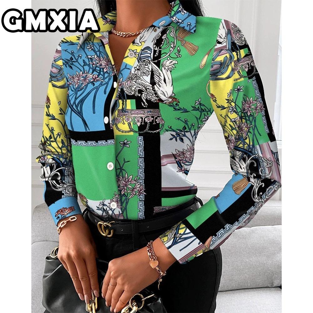 GMXIA Damenmode Lässig Freizeit Einfarbig Druck Langarm POLO Kragen Blusen & Hemden