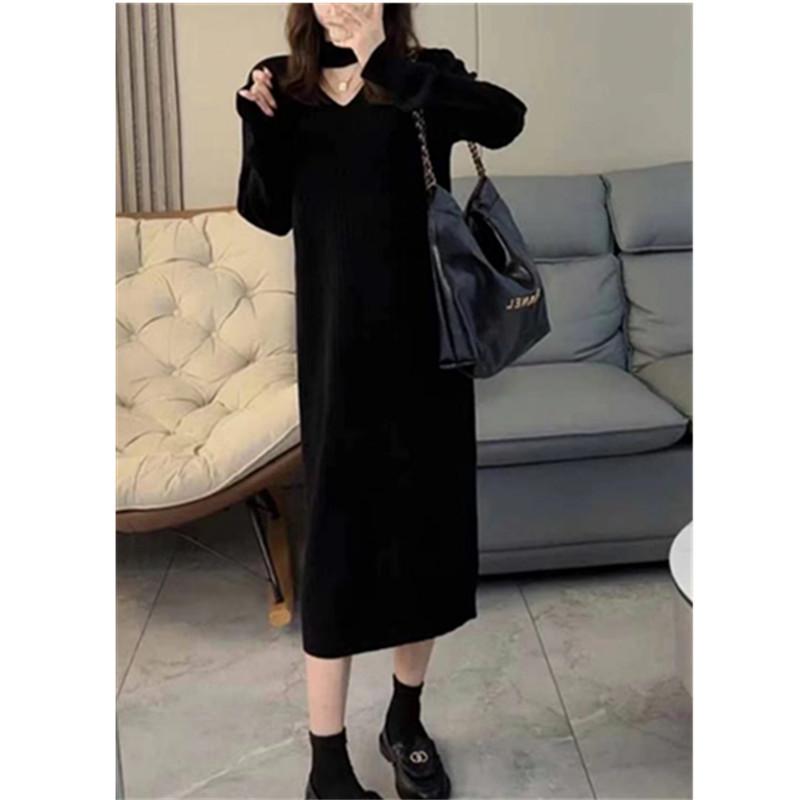 Autumn and winter soft waxy sweater skirt medium and long neck design loose and thin inside bottom knitted dress women