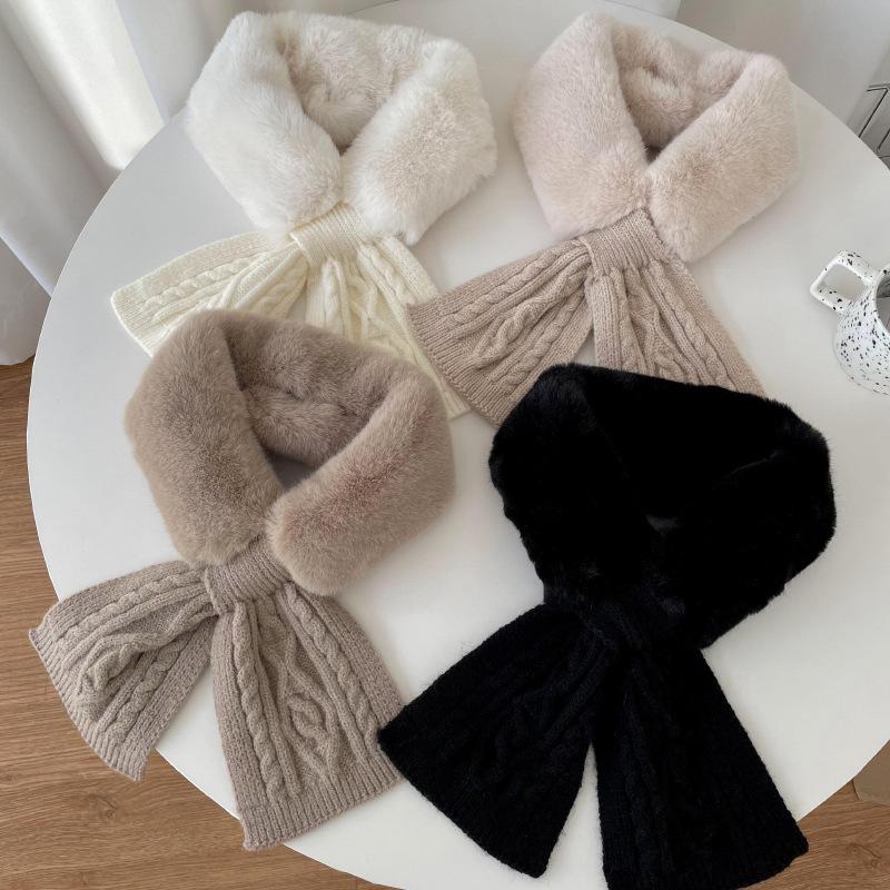 Knitted Scarf for Women in Autumn and Winter Versatile  Fleece Imitation Rex Rabbit Fur Cross Neck  Solid Color Thickened Neck Guard  Fur Collar