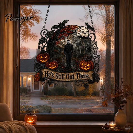 Porch Showcase Hanging Accents Halloween Decoration, 2D Michael Acrylic Suncatcher, Window Decor with Pumpkin Movie Fan Collection Gifts Tombstone,