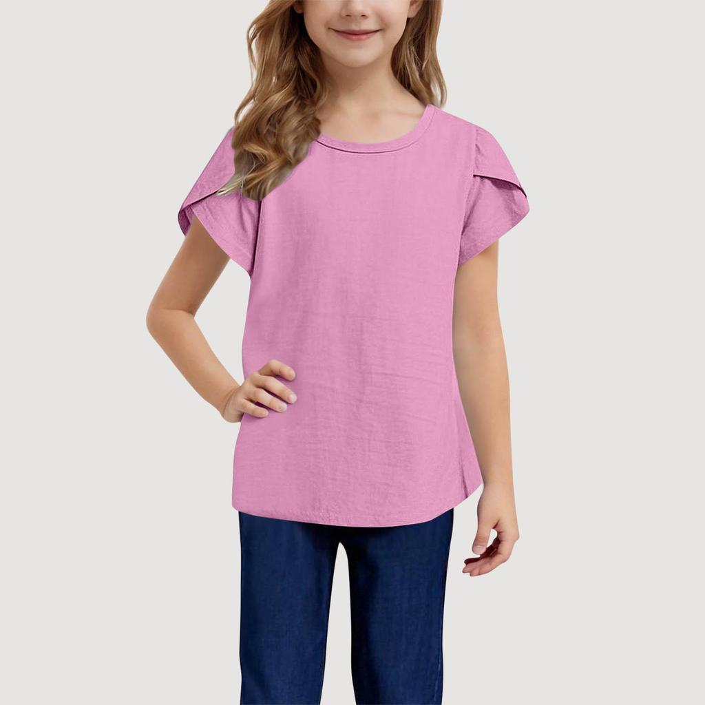Girls' Cotton Linen Casual Short-Sleeve Top, Solid Color, Round Neck - 2025 Summer Collection