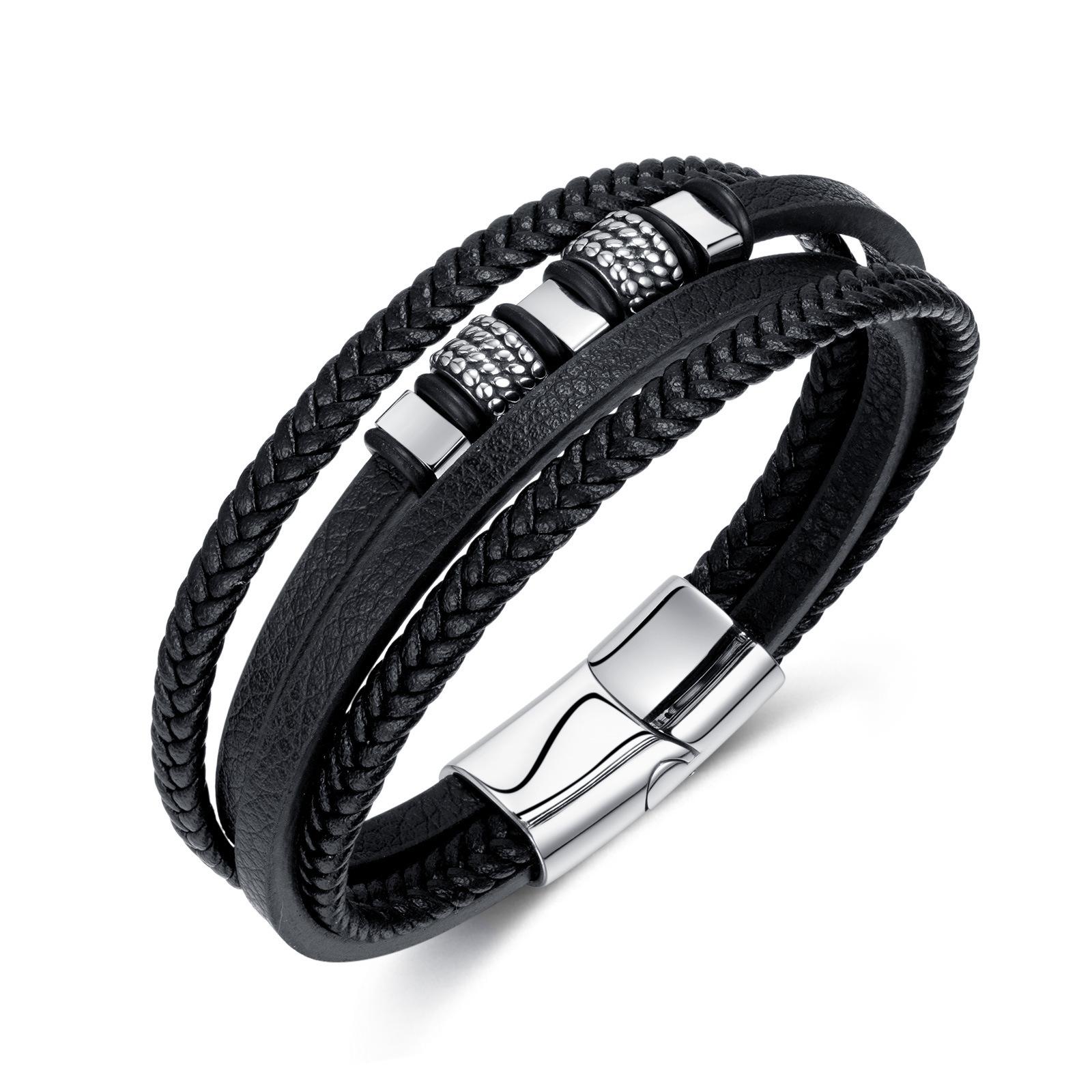 European American Men s Trendy Stainless Steel Magnetic Buckle Personalized Retro Multi-layer Hand Woven Leather Bracelet