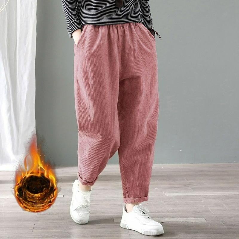 Corduroy Pants Women's Autumn and Winter Loose Large Size Plus Velvet Thickened Radish Velvet Casual Harlan Trousers