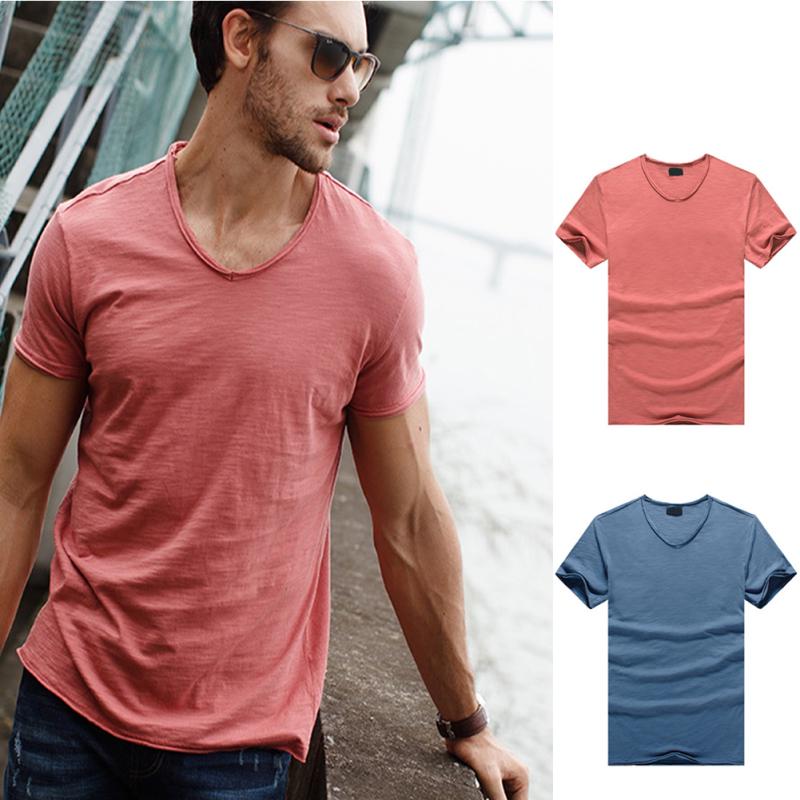 Buy Men Summer V-neck Solid Color Slim Short Sleeve Thin T-shirt at ...