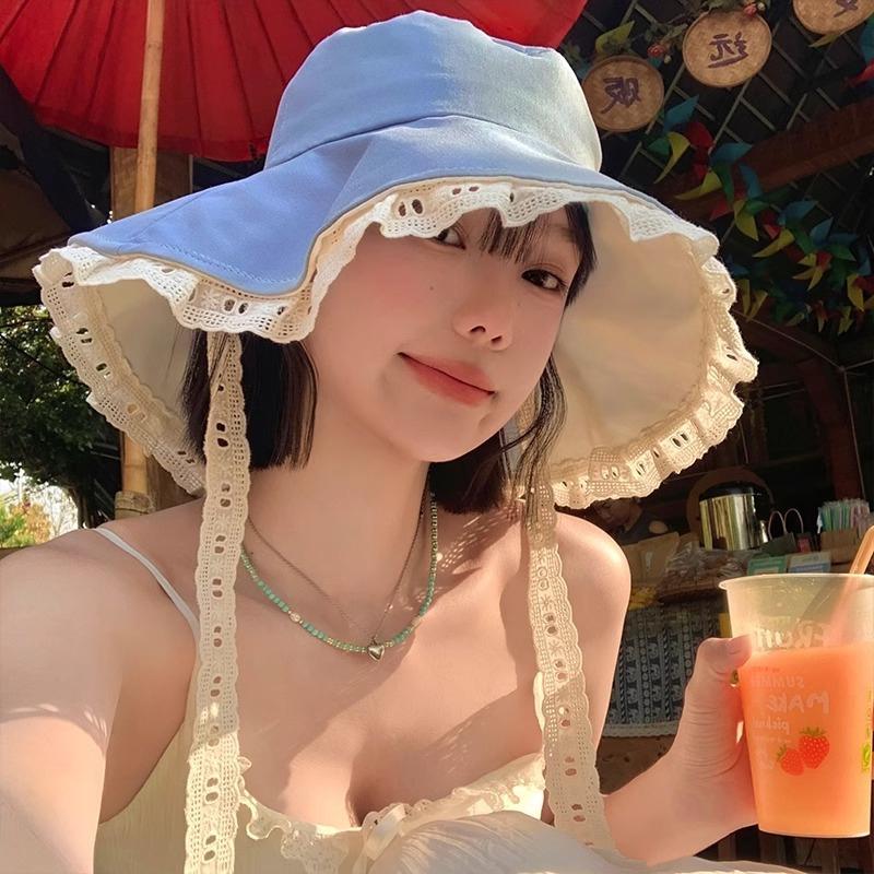 Korean Style Sweet Lace Splicing Large Brim Fishing Cap Women's Spring Summer Fresh Outdoor Sunshade Hat Mountaineering Hat
