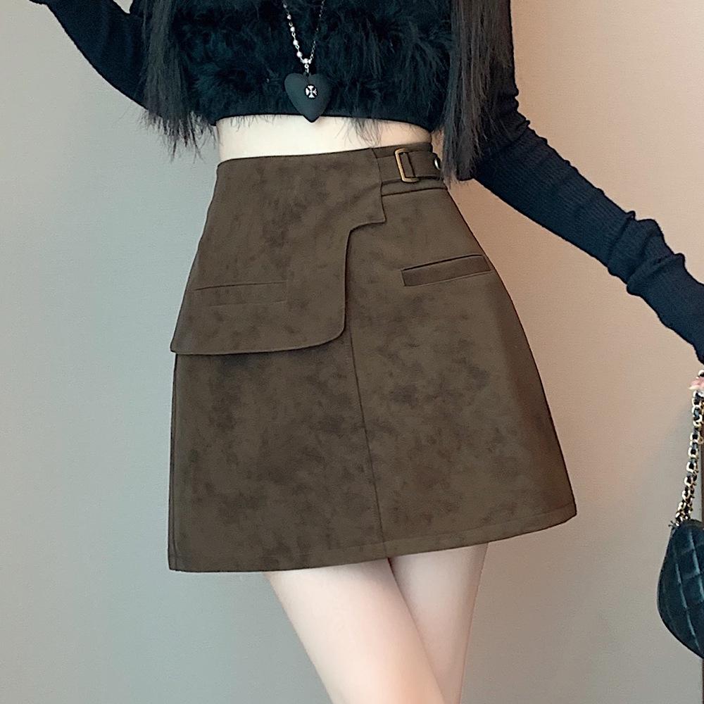 

Plus Size Women s Brown Suede A-line High Waist Short Skirt for Spring & Autumn Large коричневый