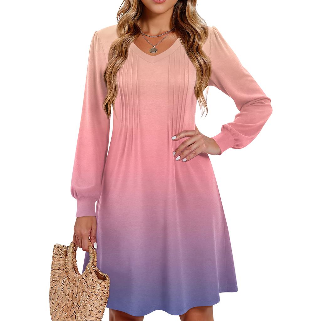 Ladies' Printed Casual And Fashionable V-neck Long Sleeved Mid Length Dress