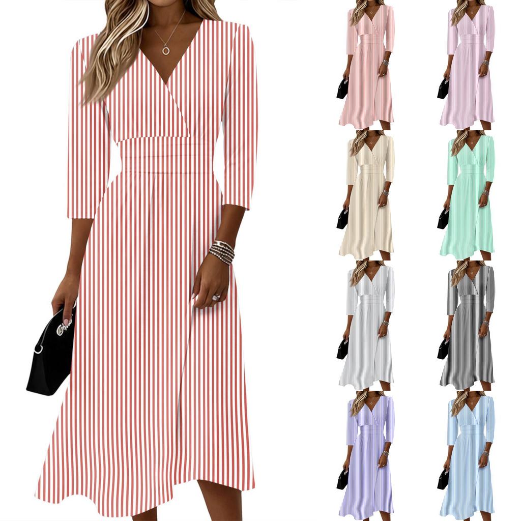 Women's Casual Striped V Neck Dress with Three Quarter Sleeves Back Zipper Midi Length Comfortable Fit