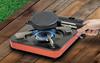 Direct-heat pancake maker with detachable handle, separate top and bottom sections, single-serving, lightweight, non-stick coating, easy to clean, ful