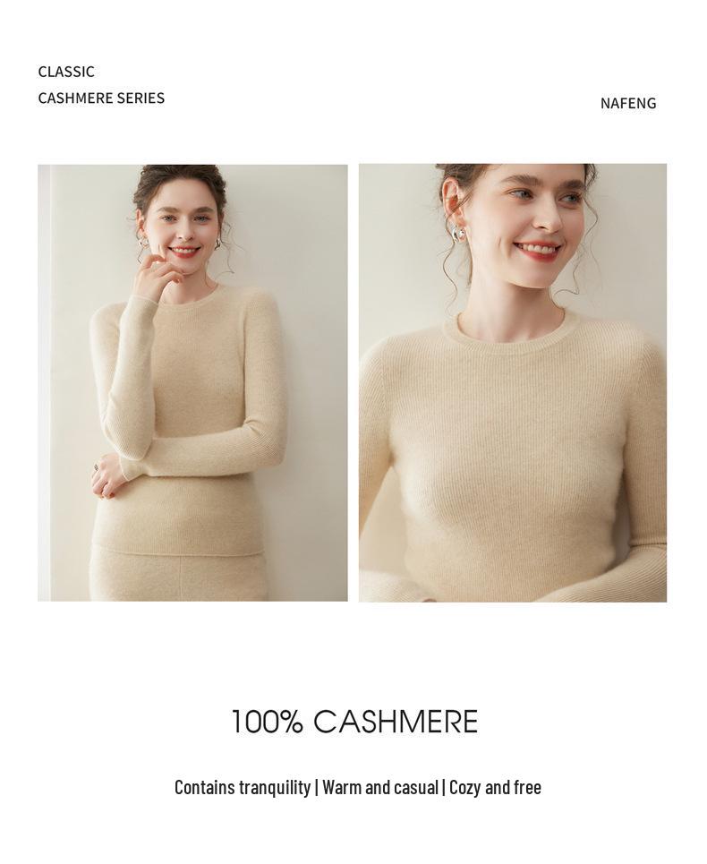 Pure Cashmere Women's Round Neck Sweater - 2026 Autumn/Winter, Versatile Slimming Style, Solid Color Warm Base Layer.