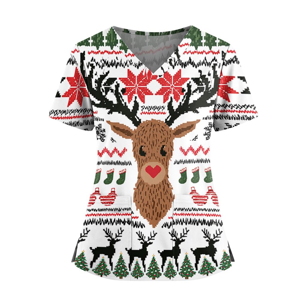 Women's Christmas Print V-Neck Short Sleeve Scrub Top with Pockets and Side Slits