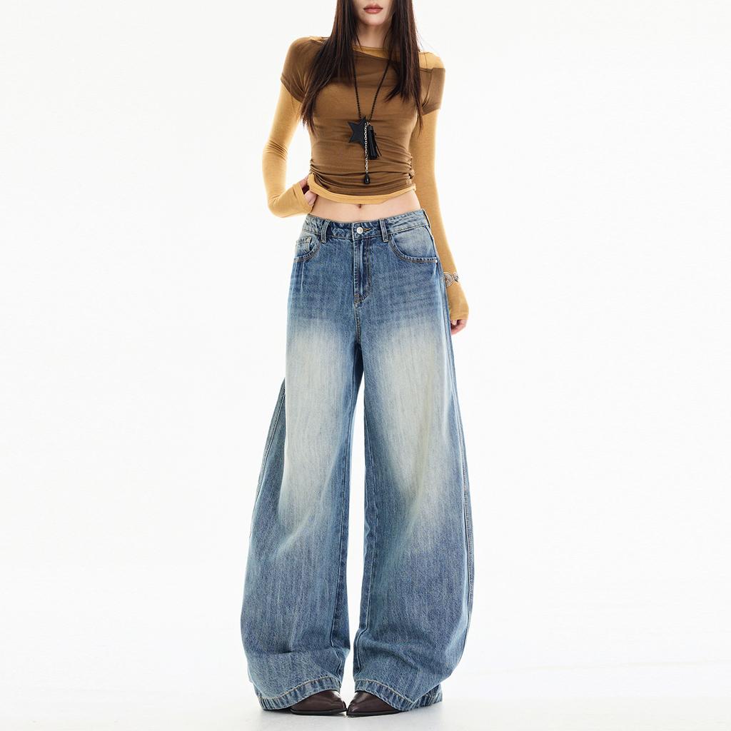 Cat claw texture design scimitar jeans women's autumn whitening washing process niche personality wide-leg pants
