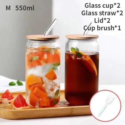 Drinking Cup Glasses with Bamboo Lid Juice Glass Straws Beer MugIce Coffee Mugs Cute Glasses Beer Jars Glasses Brush Drinkware