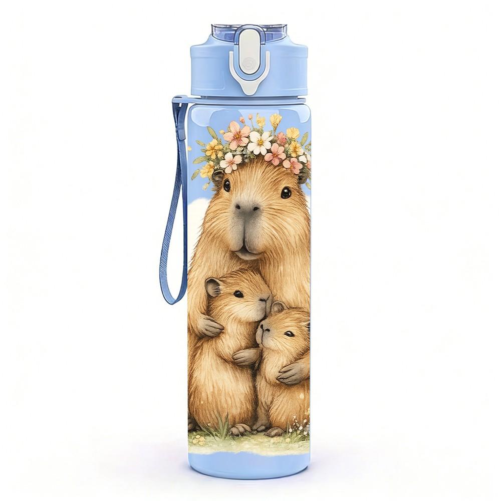 1PC Cute Capybara Flower Cartoon Print 750ml Color Plastic Sports Water Bottle Leakproof Flip Straw Lid Suitable for Sports Office Home Use