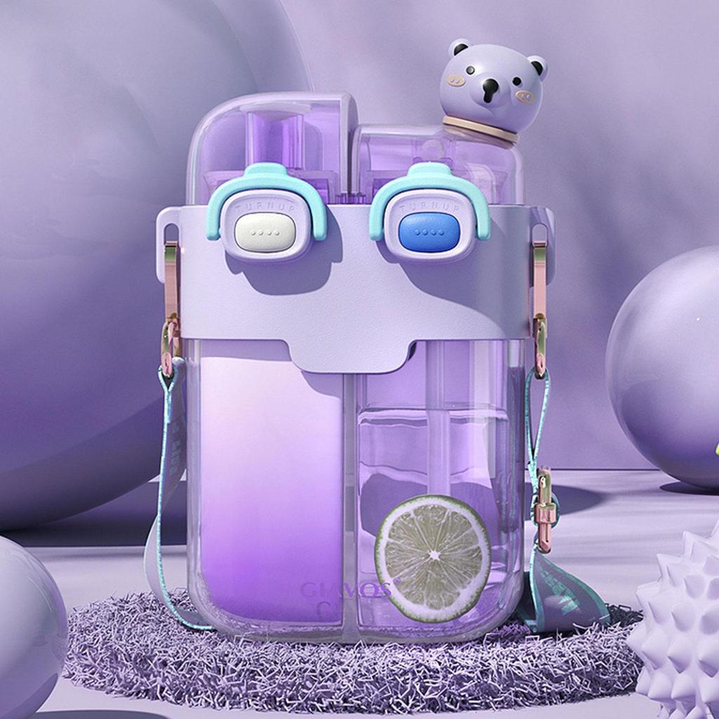 Cute Water Bottle Double Drinking Compartments 780ml Funny Cup with and Strap