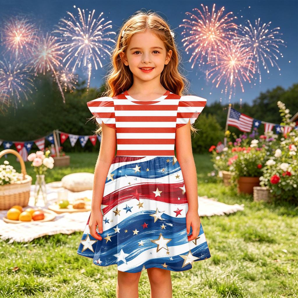 Girls' Summer Princess Dress - A-Line T-Shirt Dress Independence Day