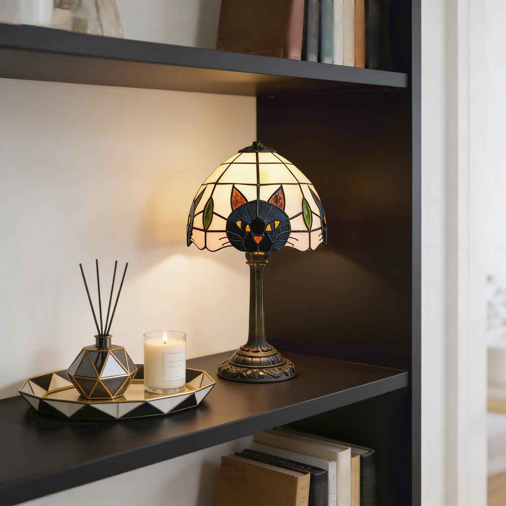 Resin Cat Table Lamp with Stained Glass Style Shade Vintage Decorative Lighting Fixture for Living Room Bedroom Office Study
