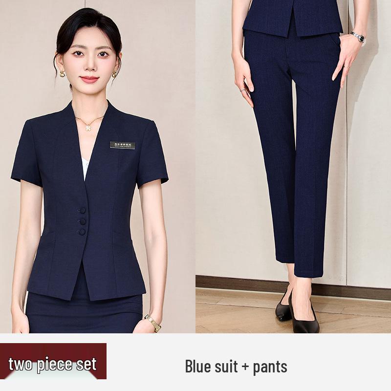 Women's Blue Short-Sleeve Professional Suit Set for Hotel Manager or Receptionist - Spring/Summer Formal Workwear