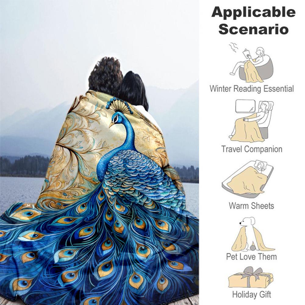 1pc Peacock Feathers Flannel Blanket, Comfortable and Warm Blanket, for Camping Sofa Bed and Couch Office026