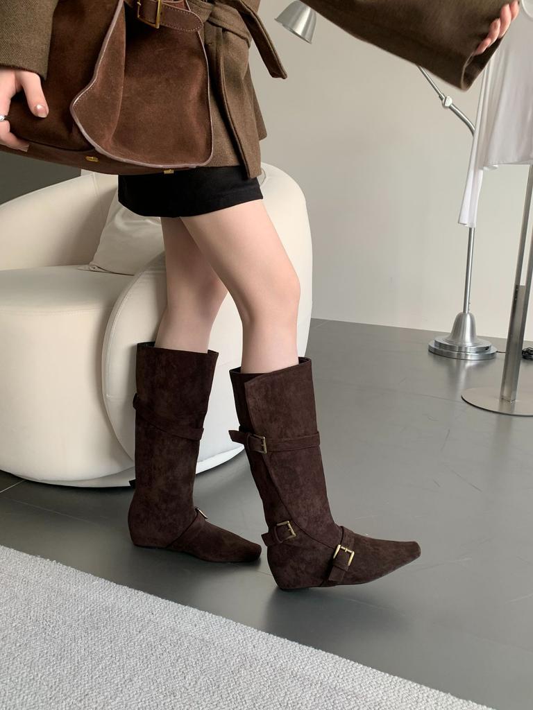 Boots Women's inner height increase 2025 new boots Autumn and winter women's boots Square head suede high boots Western knight boots