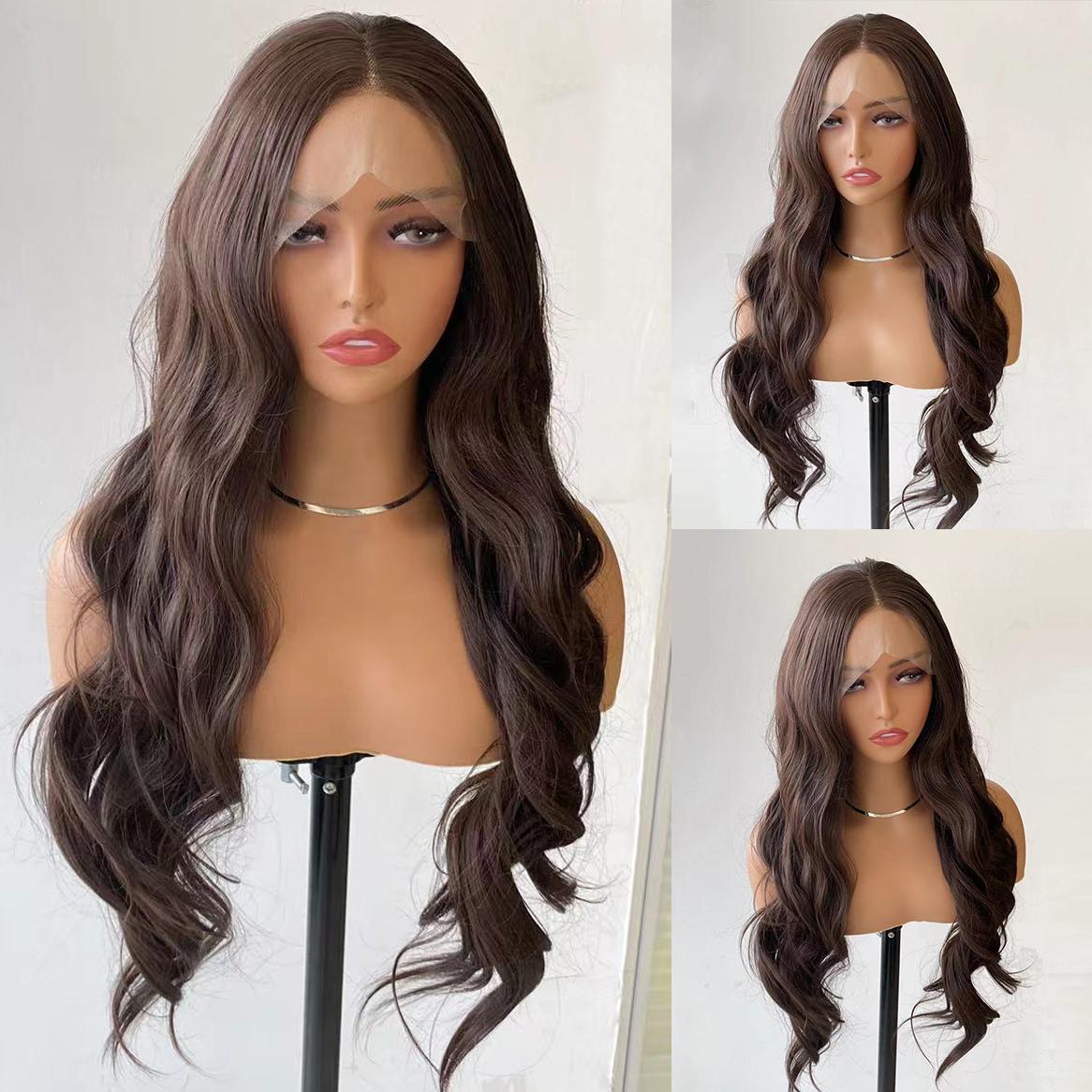 

AIMEYA Brown Lace Front Wig Synthetic Long Body Wave Wig 13x4 Middle Part Natural Hairline Daily Use Wig Heat Resistant Fiber (as the picture,18inches&Lace Front)