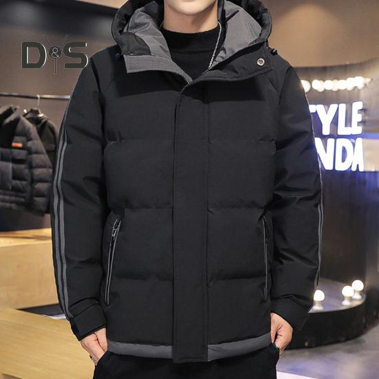 Giacca da uomo in cotone con cappuccio, manica lunga, patchwork, colore imbottito, antivento, caldo cotone, patta con cerniera, capospalla