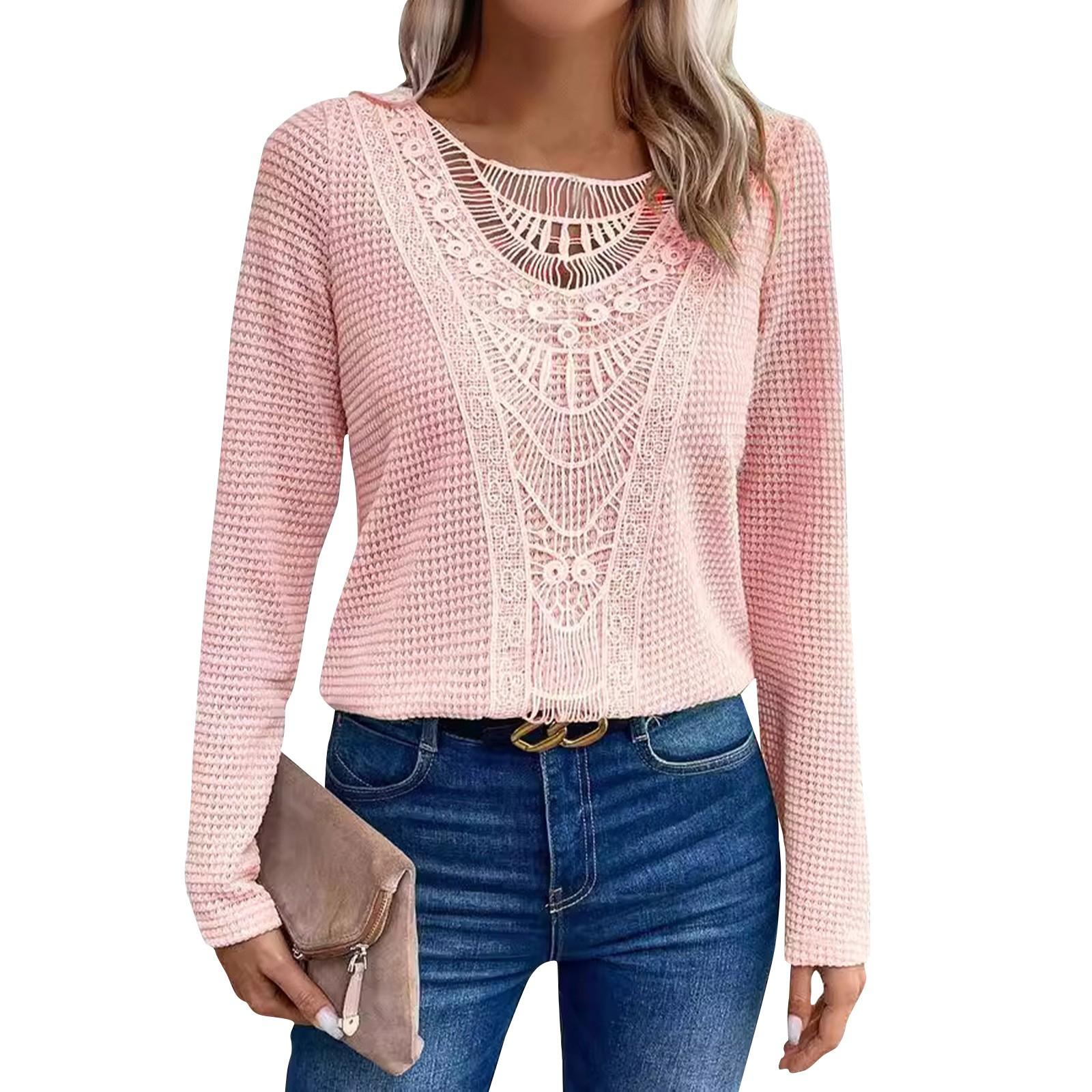 Осенняя однотонная кружевная лоскутная футболка с кружевом и круглым вырезом женская футболка с длинными рукавами для женщин S розовый 1877₽
