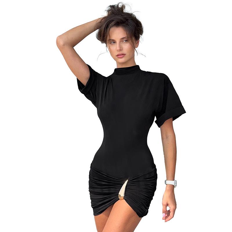 Y26DS051 European & American Women's Spring/Summer Casual Solid Color Ruched Dress with Metal Detail & Half High Collar