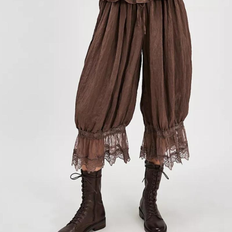 High Waist Wide Leg Pants with Lace Trim, Casual Boho Palazzo Trousers for Women