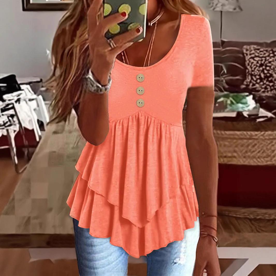 Women s Short Sleeve Ruffle Hem Peplum Top Scoop Neck Button Detail Casual Flowy Blouse 1XL оранжевый