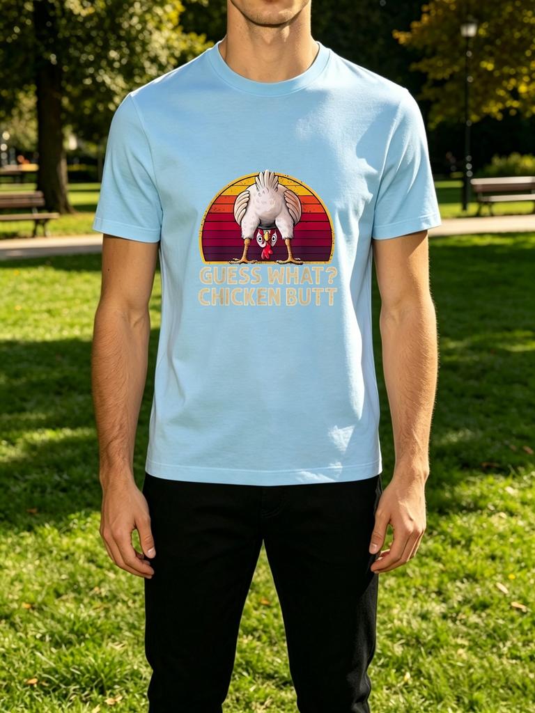 Funny Retro Sunset Guess What Chicken Butt Humor Graphic Print Unisexs Crew Neck Short Sleeve Tee Casual Daily Soft Basic Wear Top