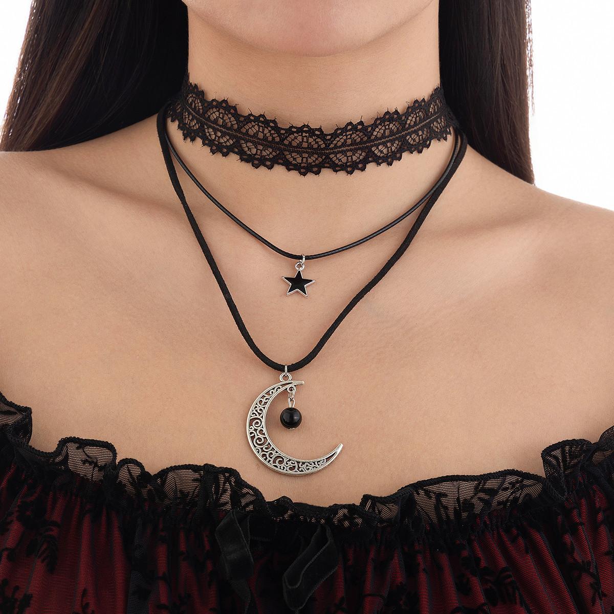 

Gothic Lolita Lace Necklace Female Halloween Crescent Pendant Multi-Layer Flannel Clavicle Necklace