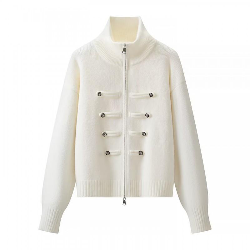 Womens Casual Fashion Long Sleeve Stand Collar Vintage Button Zip Knit Cardigan