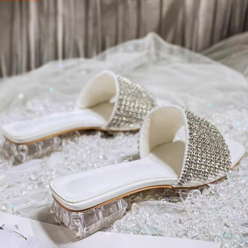 Fashion Low Heel Slippers Summer New Square Head Open Toe Crystal Buckle Set Foot Anti-slip Wear-resistant Square Heel Shoes
