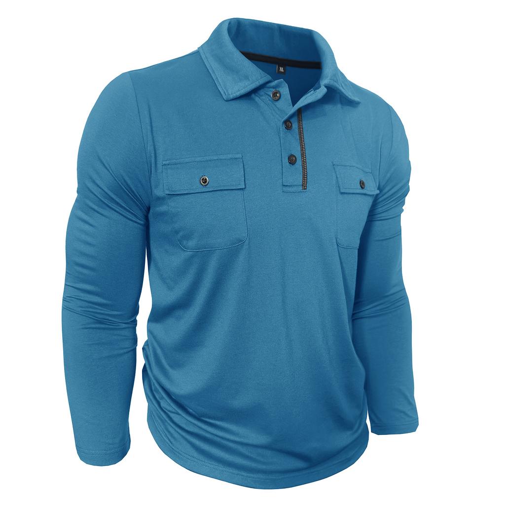 Spring Autumn Men's Long Sleeve Casual Polo Shirts Solid Lapel Button Up Pull On Polos Man