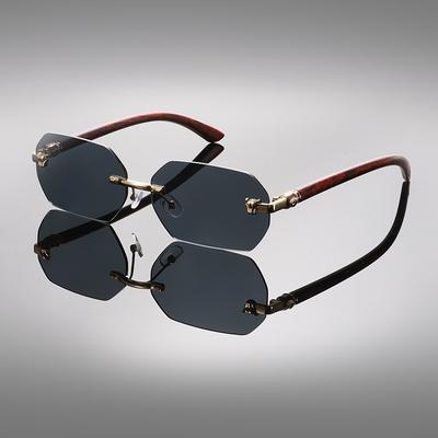 Fashion Frameless Sunglasses With Cut Edges Women'S High-End Retro Eyewear Men Wood Grain Legs Leopard Head Sun Glasses