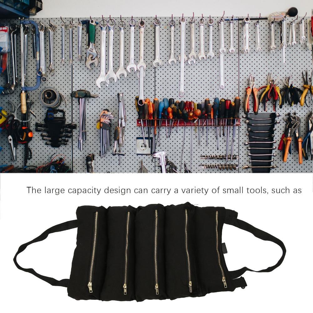 Canvas Tool Roll Up Pouch With 5 Zipper Pockets Tool Organizer Tool Roll Up Bag  Car Camping