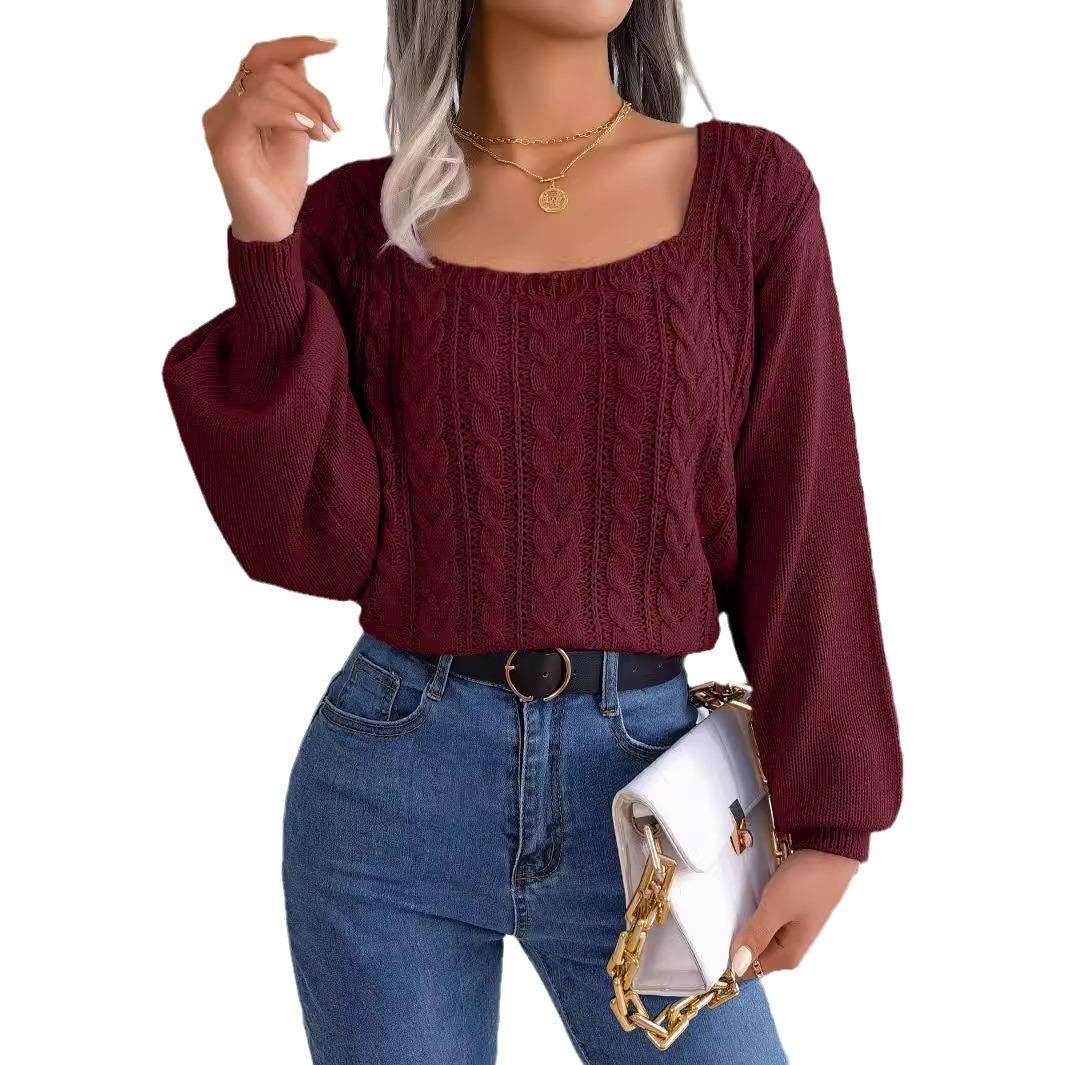 

Женский вязаный свитер-фонарик с длинным рукавом и квадратным воротником, пуловер, джемпер, повседневный переплетенный трикотаж, топы L