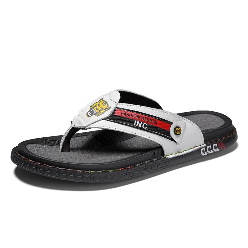 

Men s fashion Internet celebrity cowhide flip-flops toe sandals men s shoes flat-soled beach trendy shoes 46