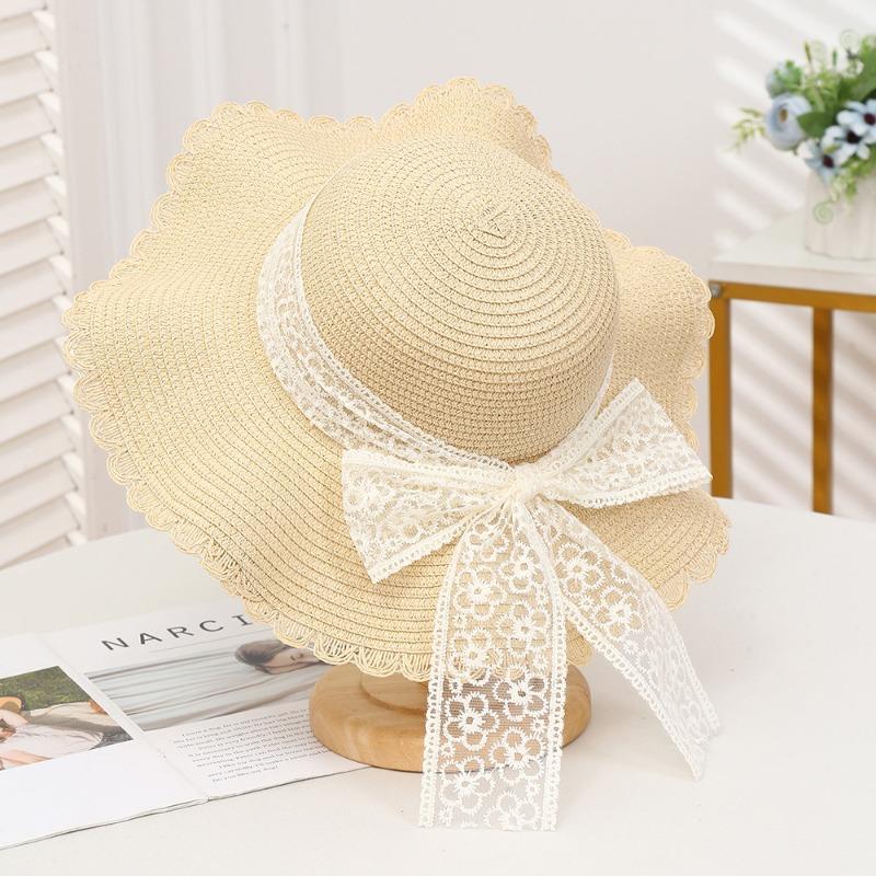 Summer Bow Sun Hat Female, Seaside Beach Vacation Sun Hat Outdoor Big Brim Sun Hat Sweet Straw Hat